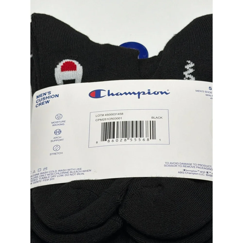 Champion Mens Black‎ Performance Cushion Crew Socks 5 Pair Pack Shoe Size 6-12